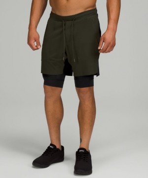 Short Lululemon License to Train Lined Short 7" Elite Hombre Verde Oliva Oscuro Negros | 07528-LMPS