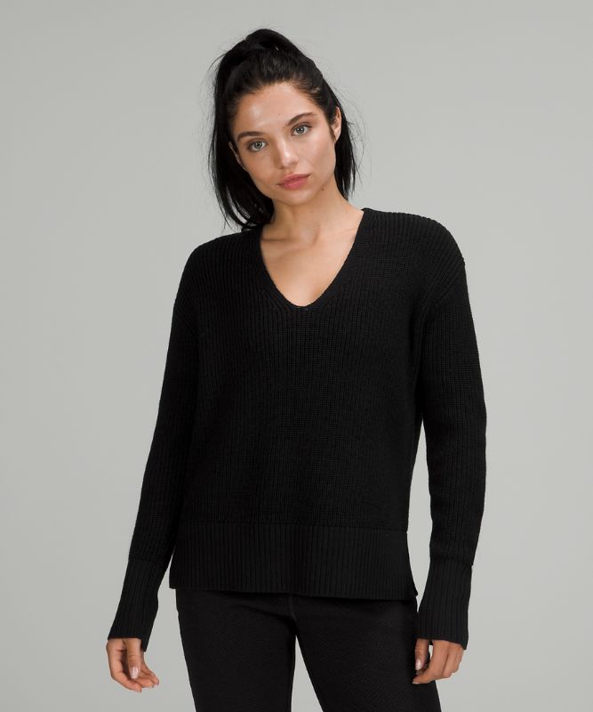 Sudaderas Lululemon Merino Wool V-Neck Sweater Mujer Negros | 32608-OLJC